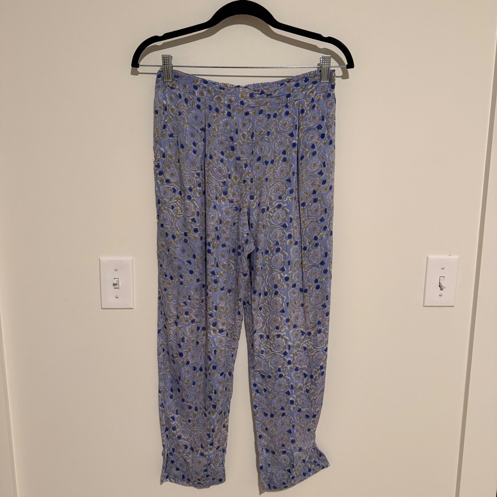 Maelu Blue Floral Hand Block Print Cotton Pleated Trousers Small
